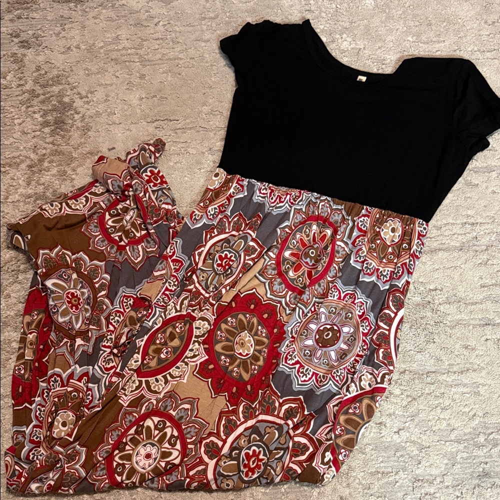 Black and Multicolor Patterned Women's Dress